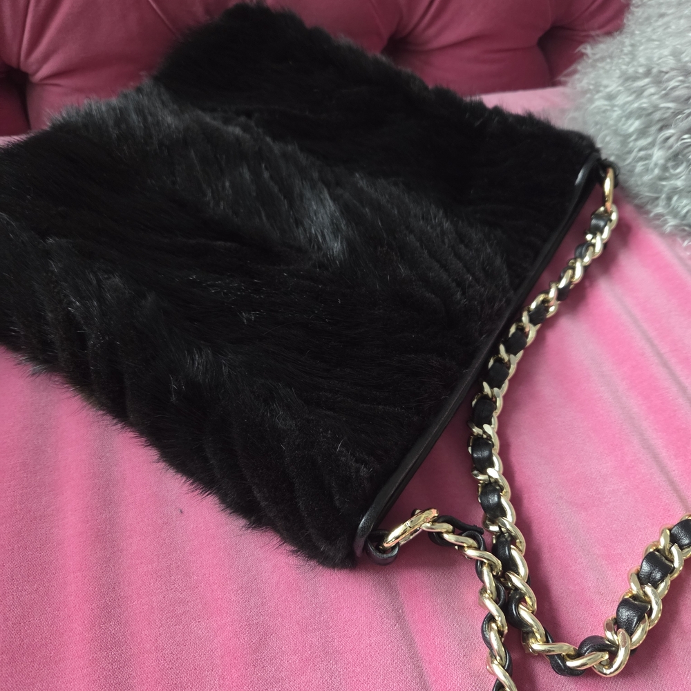 Paolo Masi Black Fur Shoulder Bag with Gold Chain